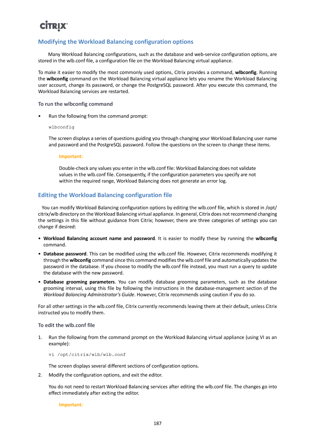 Citrix Systems 6 Modifying the Workload Balancing configuration options, Editing the Workload Balancing configuration file 