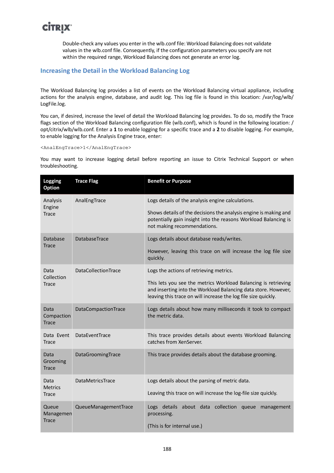 Citrix Systems 6 manual Increasing the Detail in the Workload Balancing Log, Logging Trace Flag Benefit or Purpose Option 