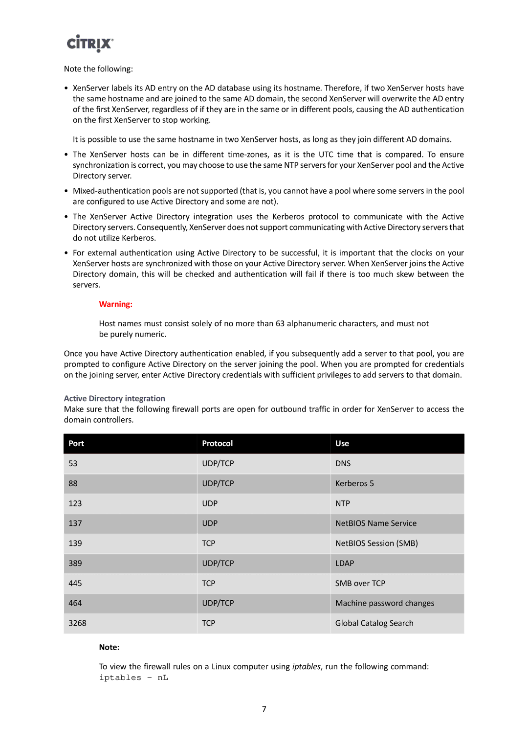 Citrix Systems 6 manual Active Directory integration, Port Protocol Use 