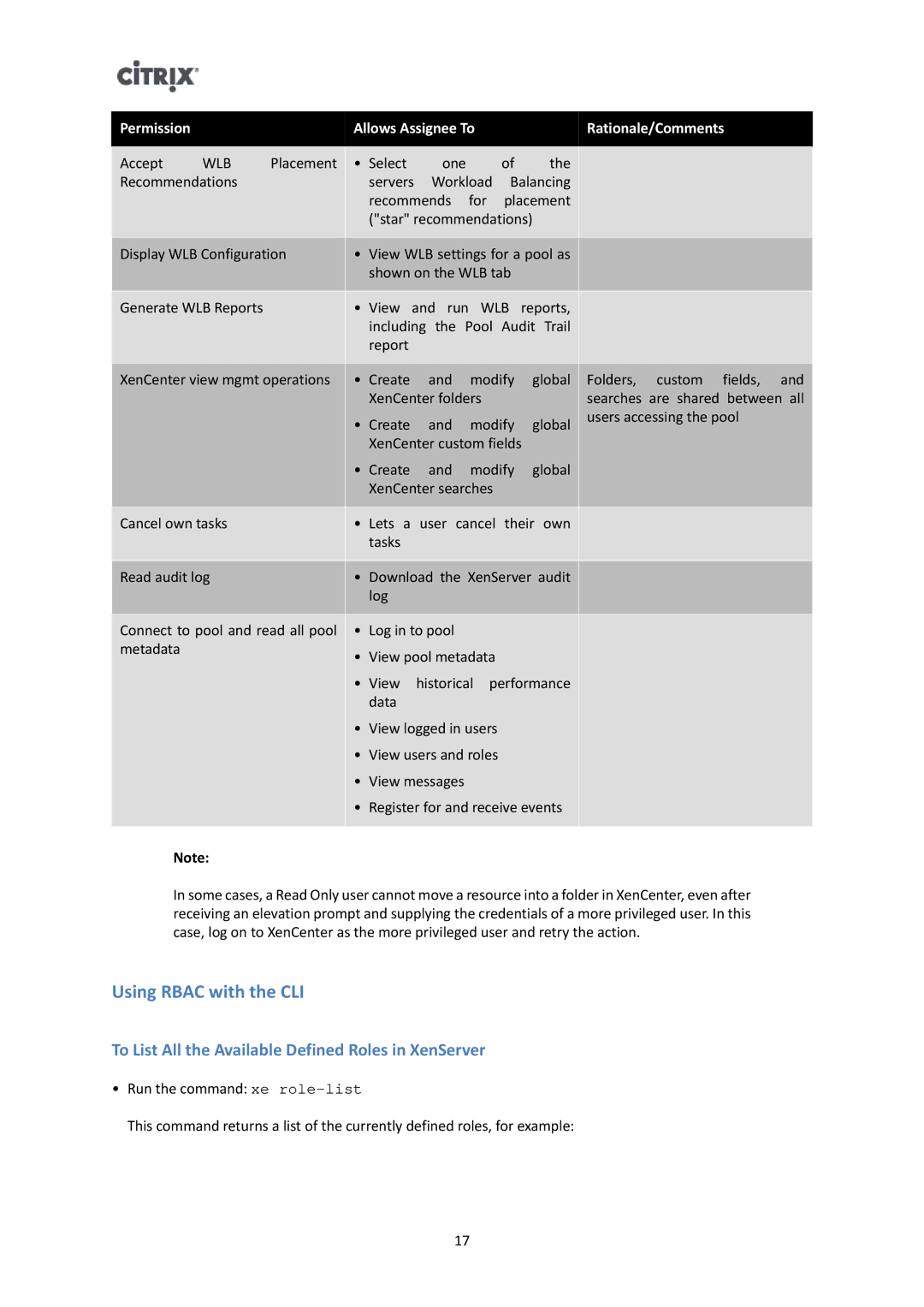 Citrix Systems 6 manual Using Rbac with the CLI, To List All the Available Defined Roles in XenServer 