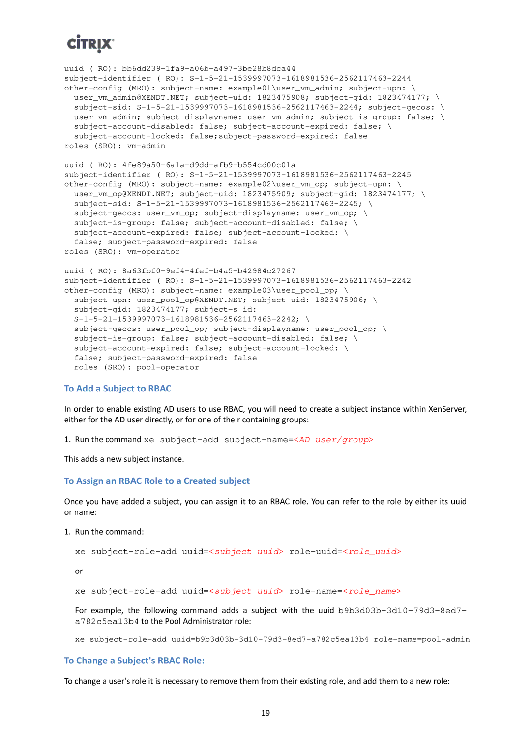 Citrix Systems 6 To Add a Subject to Rbac, To Assign an Rbac Role to a Created subject, To Change a Subjects Rbac Role 