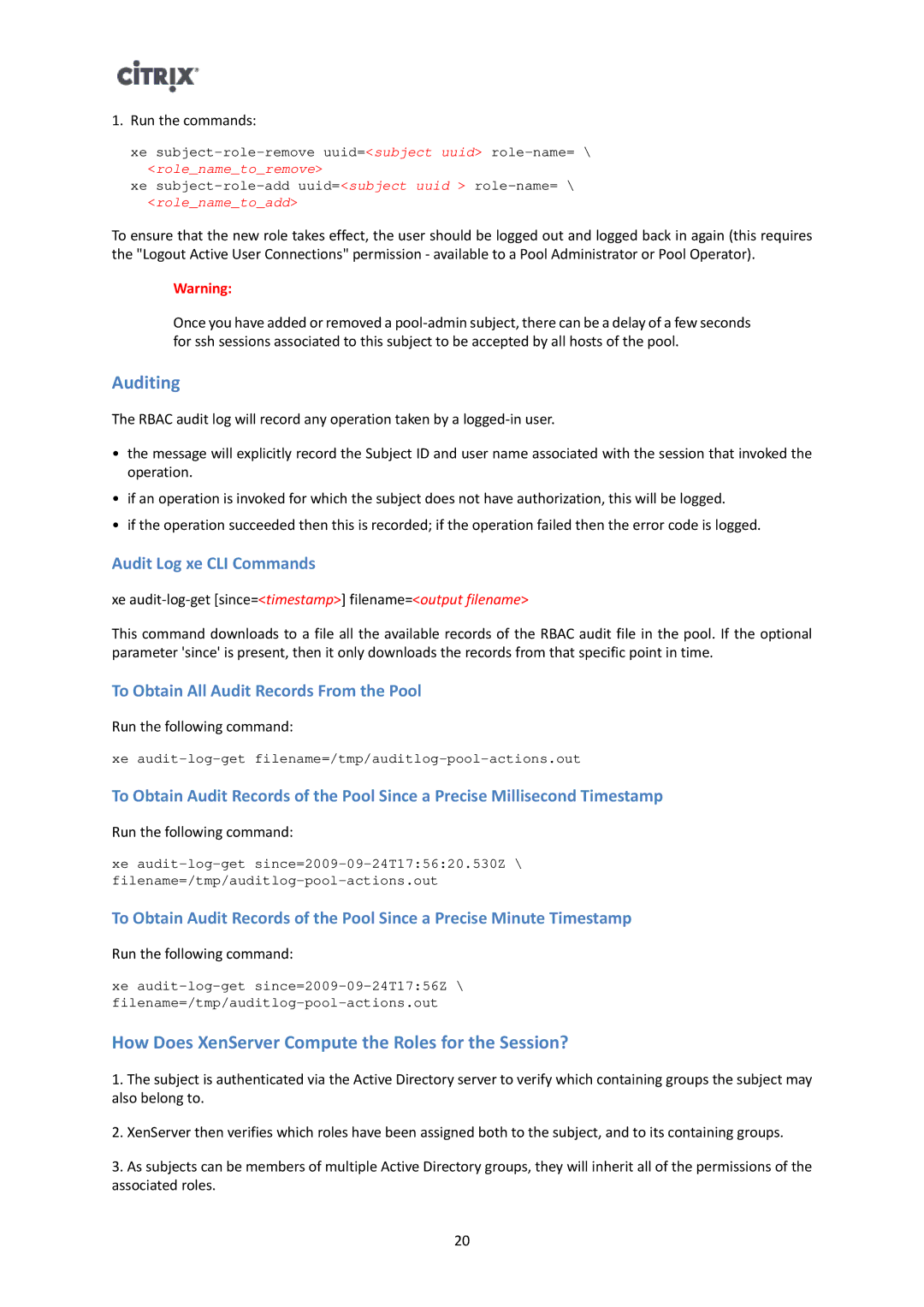 Citrix Systems 6 manual Auditing, How Does XenServer Compute the Roles for the Session?, Audit Log xe CLI Commands 