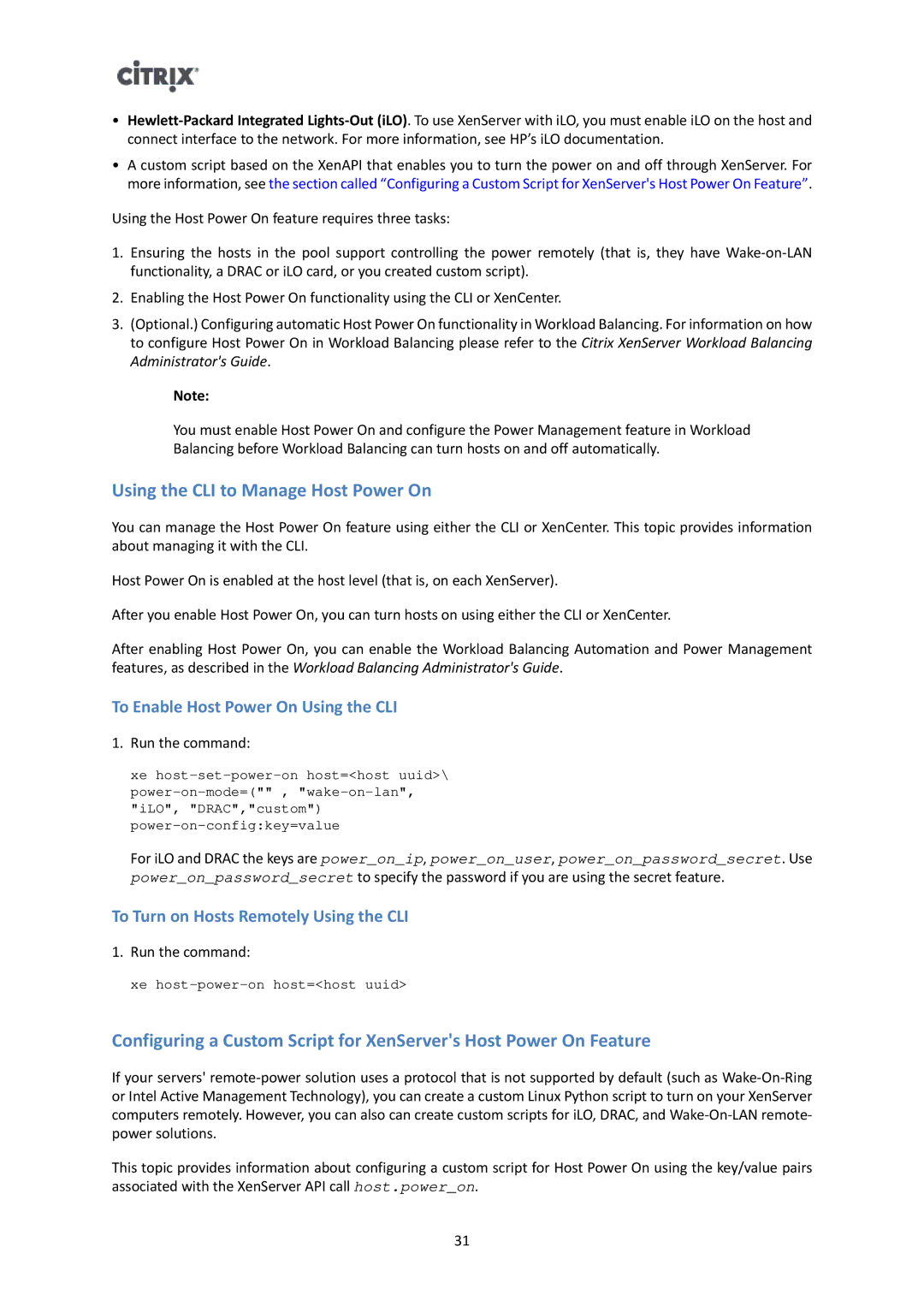 Citrix Systems 6 manual Using the CLI to Manage Host Power On, To Enable Host Power On Using the CLI 