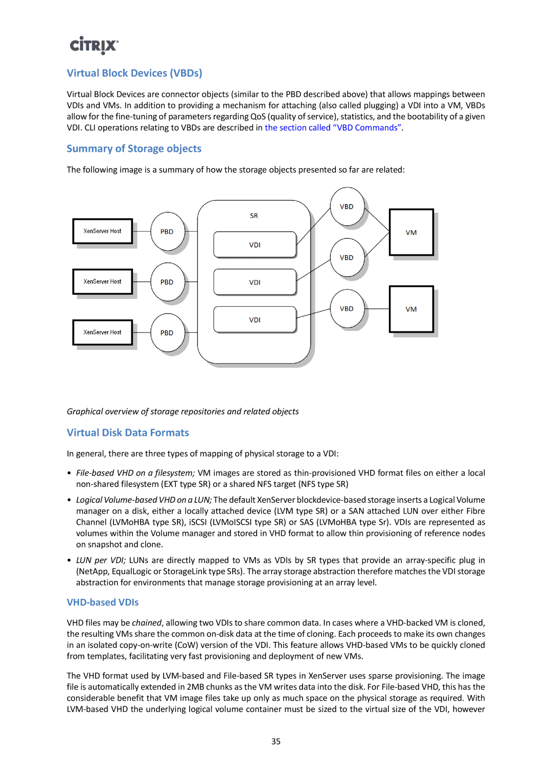 Citrix Systems 6 manual Virtual Block Devices VBDs, Summary of Storage objects, Virtual Disk Data Formats, VHD-based VDIs 