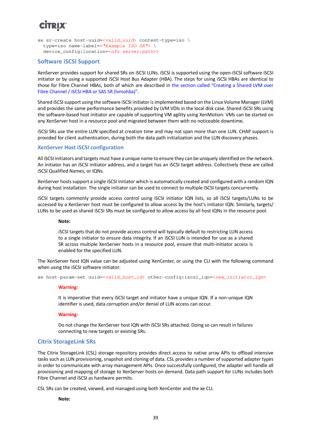 Citrix Systems 6 manual Software iSCSI Support, Citrix StorageLink SRs, XenServer Host iSCSI configuration 