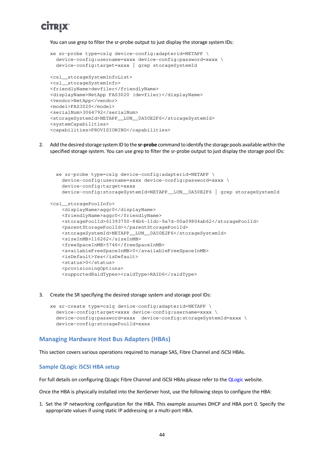 Citrix Systems 6 manual Managing Hardware Host Bus Adapters HBAs, Sample QLogic iSCSI HBA setup 