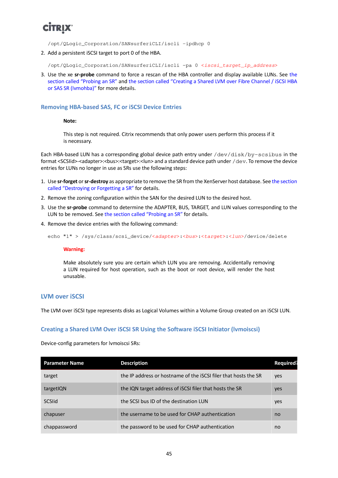 Citrix Systems 6 manual LVM over iSCSI, Removing HBA-based SAS, FC or iSCSI Device Entries, Parameter Name Description 