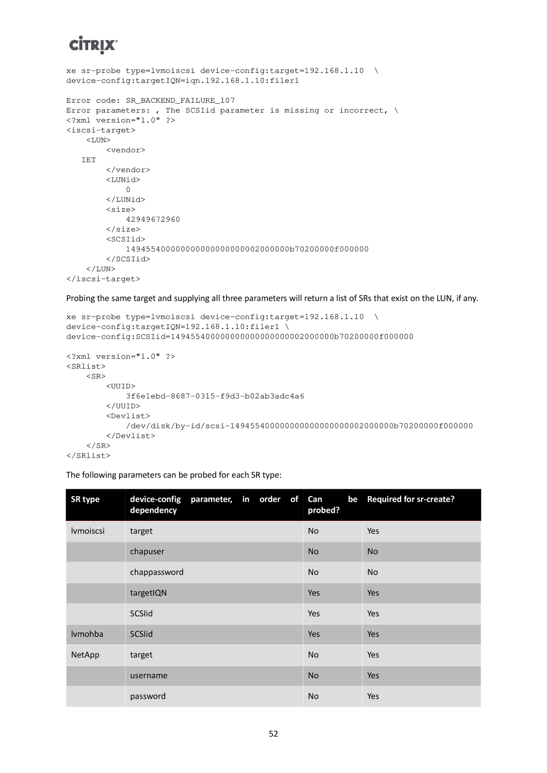 Citrix Systems 6 manual Following parameters can be probed for each SR type 