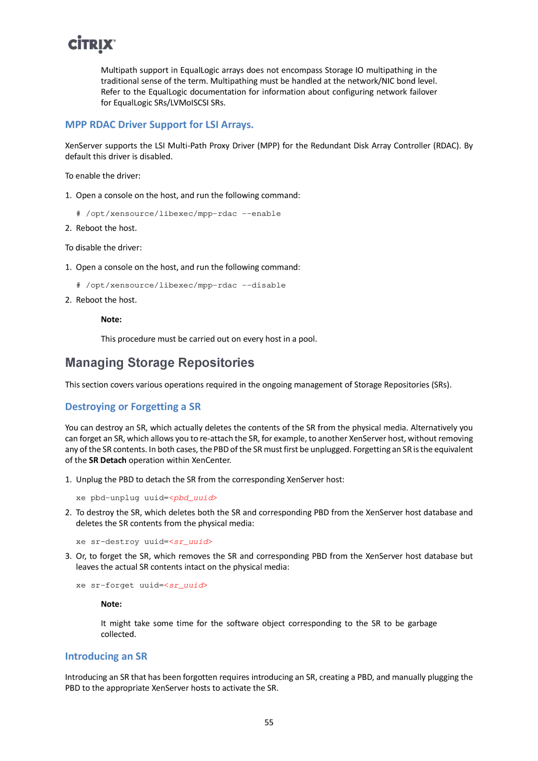 Citrix Systems 6 Managing Storage Repositories, MPP Rdac Driver Support for LSI Arrays, Destroying or Forgetting a SR 