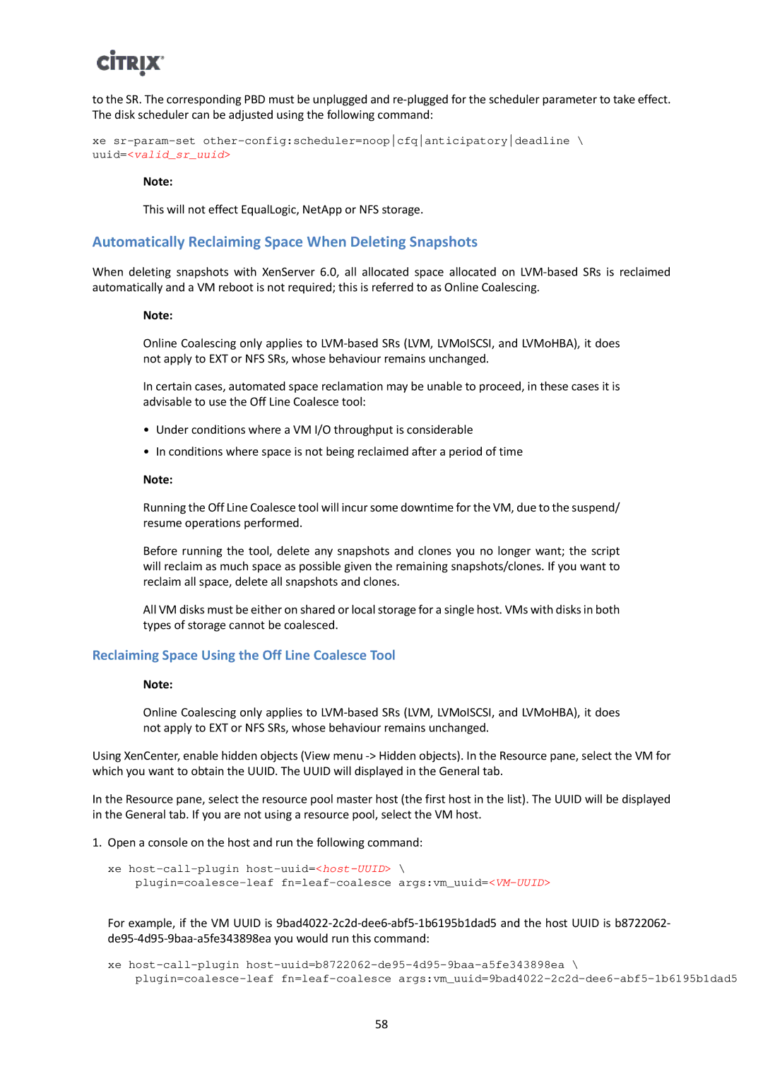 Citrix Systems 6 Automatically Reclaiming Space When Deleting Snapshots, Reclaiming Space Using the Off Line Coalesce Tool 