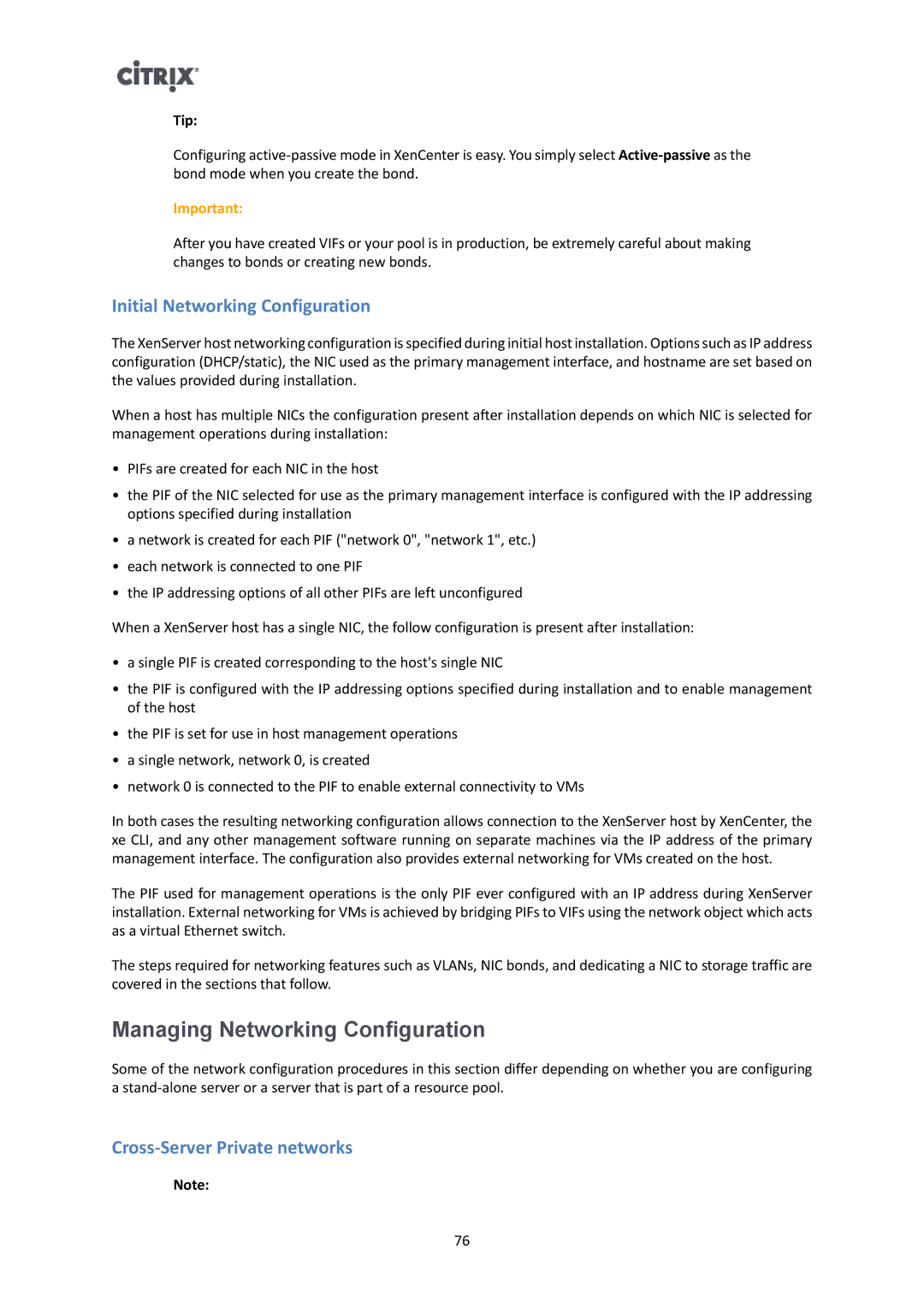 Citrix Systems 6 manual Managing Networking Configuration, Initial Networking Configuration, Cross-Server Private networks 