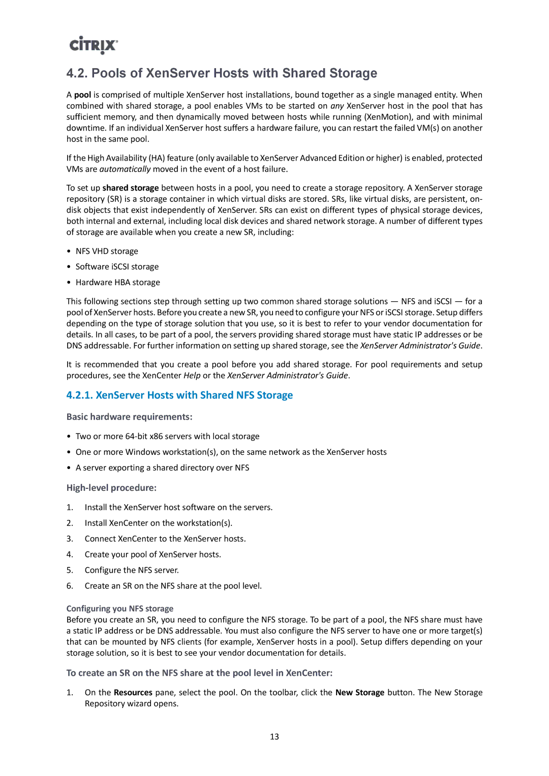 Citrix Systems 6.1.0 manual Pools of XenServer Hosts with Shared Storage, XenServer Hosts with Shared NFS Storage 