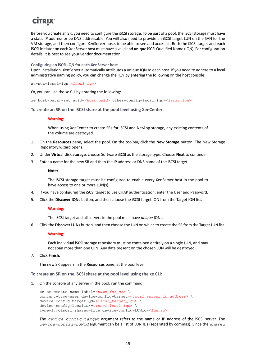 Citrix Systems 6.1.0 manual Configuring an iSCSI IQN for each XenServer host 