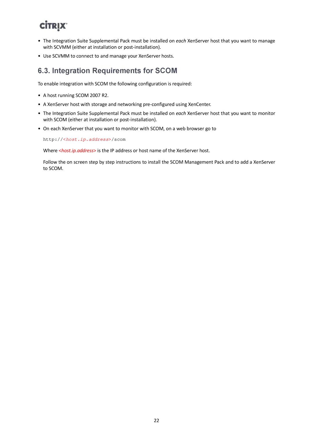 Citrix Systems 6.1.0 manual Integration Requirements for Scom 