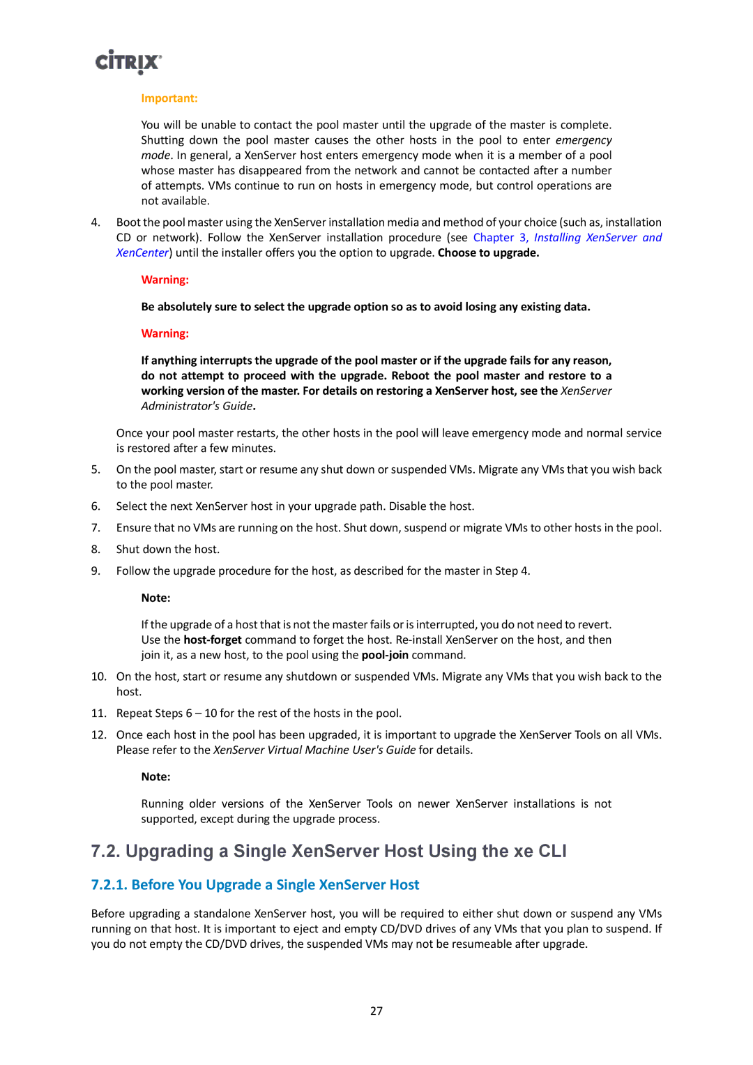 Citrix Systems 6.1.0 manual Upgrading a Single XenServer Host Using the xe CLI, Before You Upgrade a Single XenServer Host 