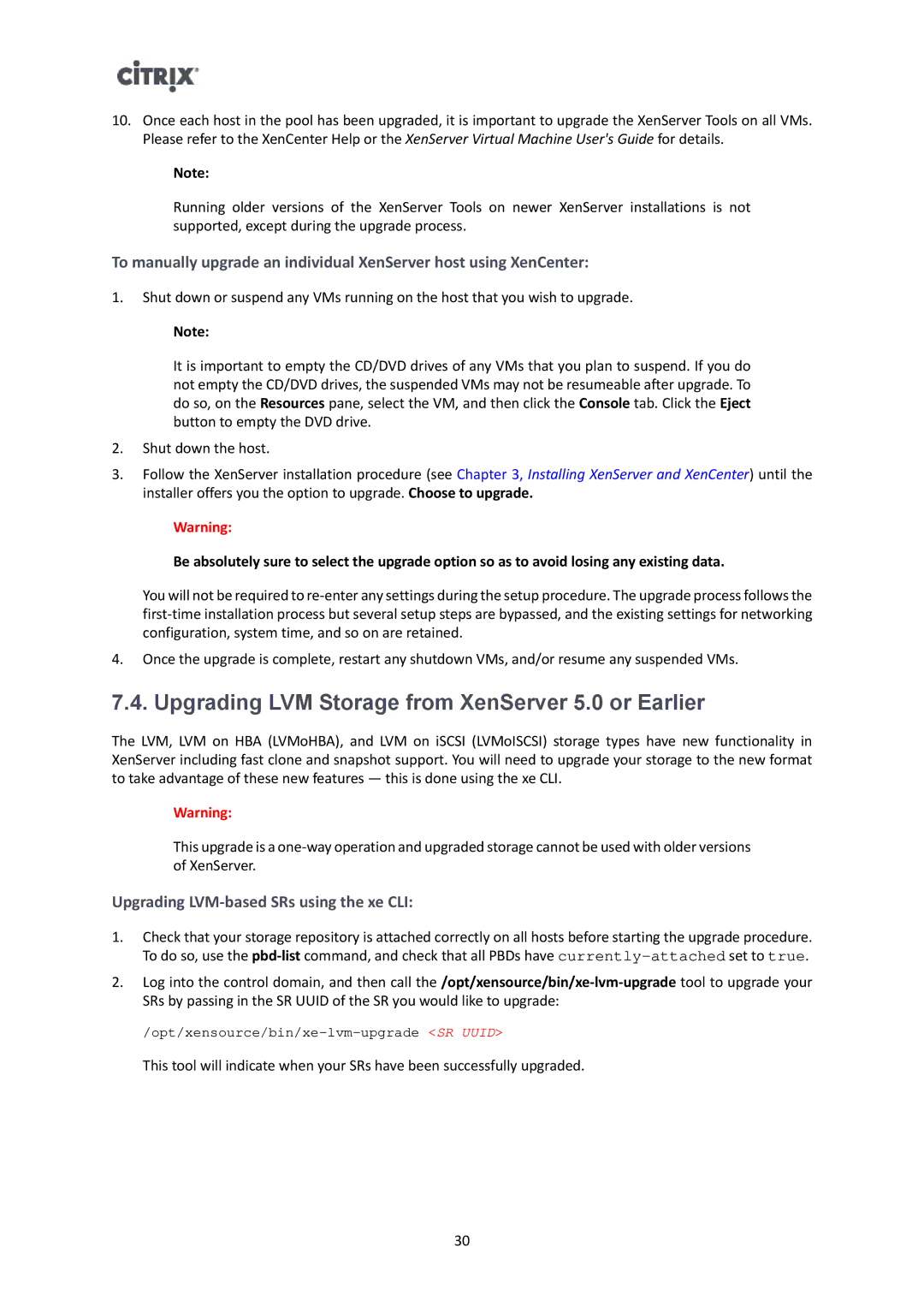 Citrix Systems 6.1.0 manual Upgrading LVM Storage from XenServer 5.0 or Earlier, Upgrading LVM-based SRs using the xe CLI 