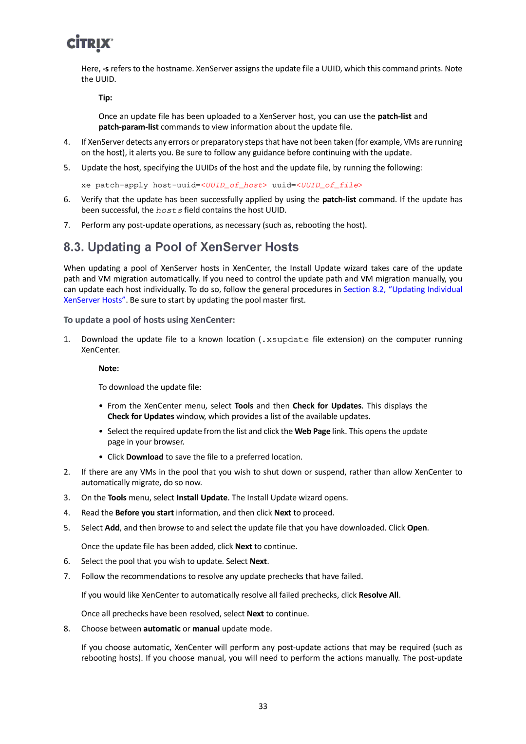 Citrix Systems 6.1.0 manual Updating a Pool of XenServer Hosts, To update a pool of hosts using XenCenter 