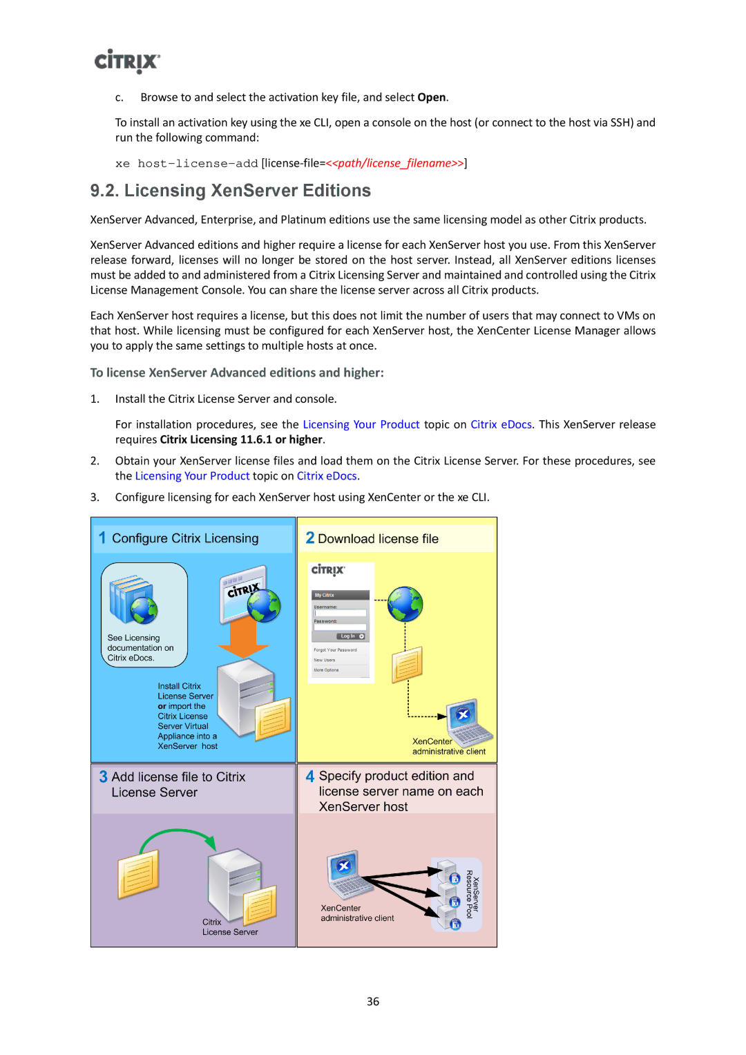 Citrix Systems 6.1.0 manual Licensing XenServer Editions, To license XenServer Advanced editions and higher 