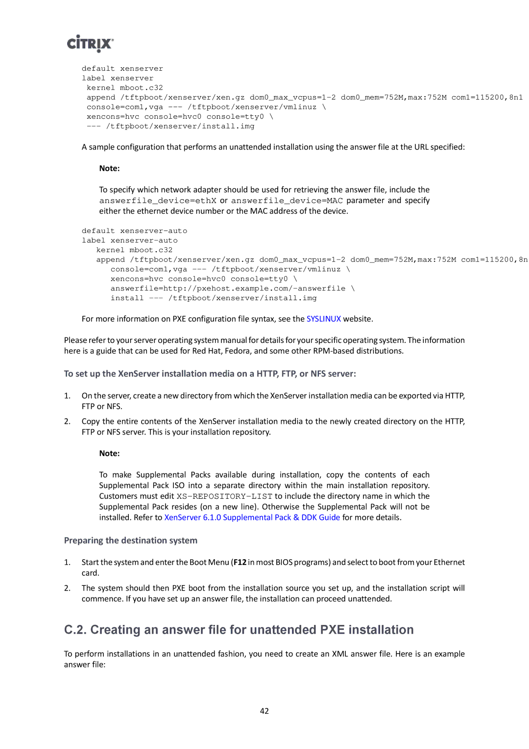 Citrix Systems 6.1.0 manual Creating an answer file for unattended PXE installation, Preparing the destination system 