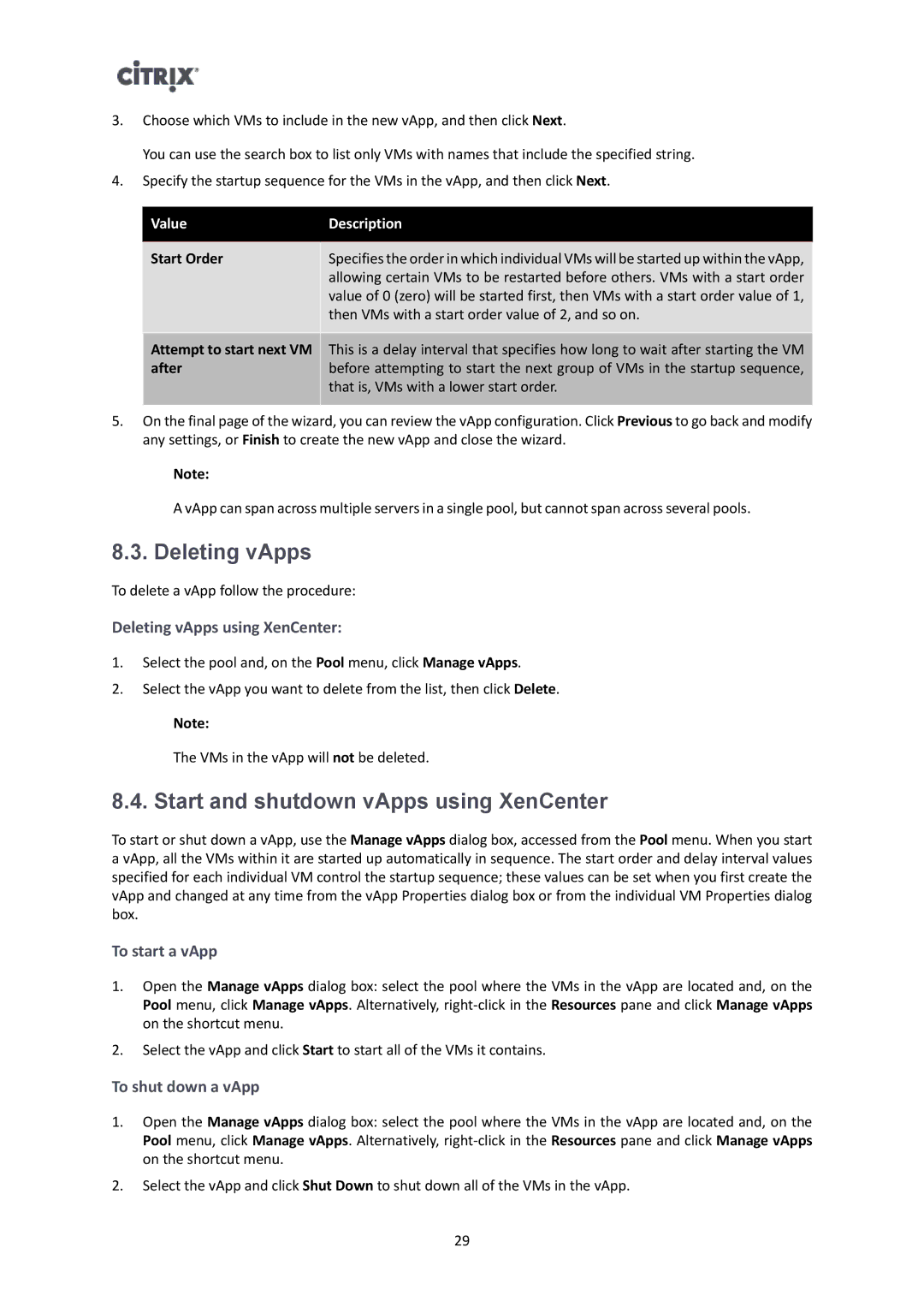 Citrix Systems 6.2.0 manual Start and shutdown vApps using XenCenter, Deleting vApps using XenCenter, To start a vApp 