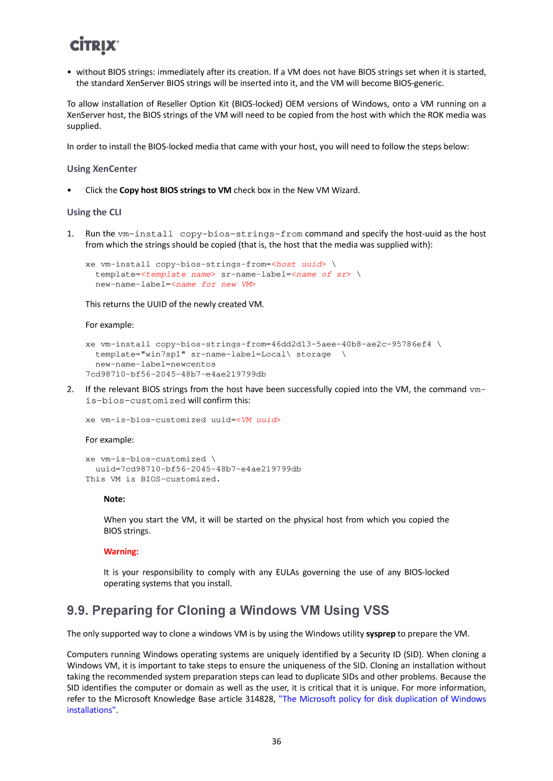 Citrix Systems 6.2.0 manual Preparing for Cloning a Windows VM Using VSS, Using XenCenter, Using the CLI 