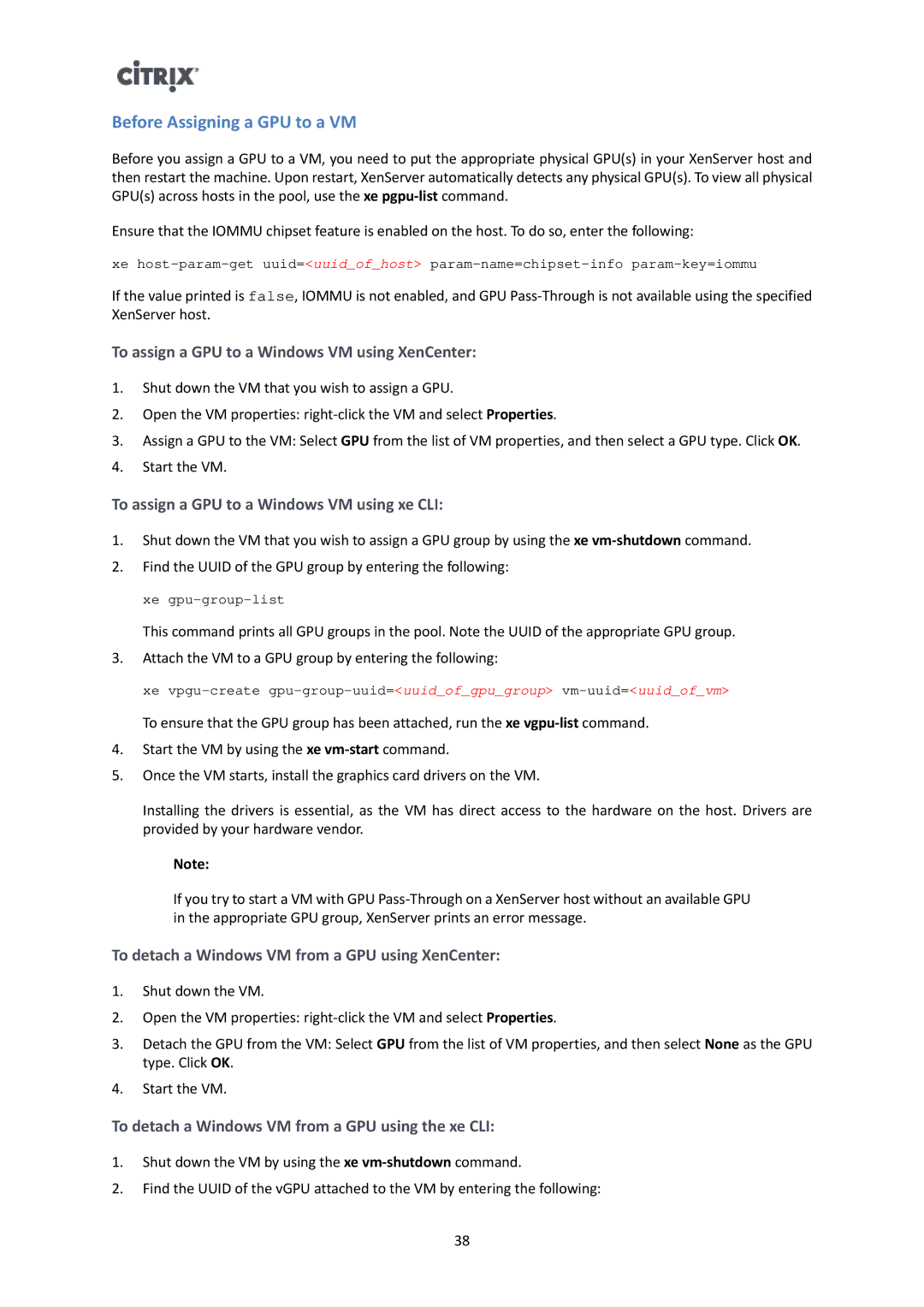 Citrix Systems 6.2.0 manual To assign a GPU to a Windows VM using XenCenter, To assign a GPU to a Windows VM using xe CLI 