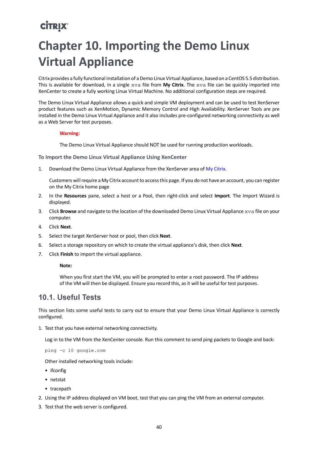 Citrix Systems 6.2.0 manual Importing the Demo Linux Virtual Appliance, Useful Tests 