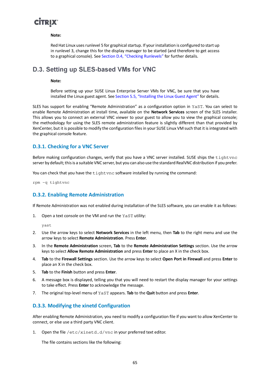 Citrix Systems 6.2.0 manual Setting up SLES-based VMs for VNC, Checking for a VNC Server, Enabling Remote Administration 