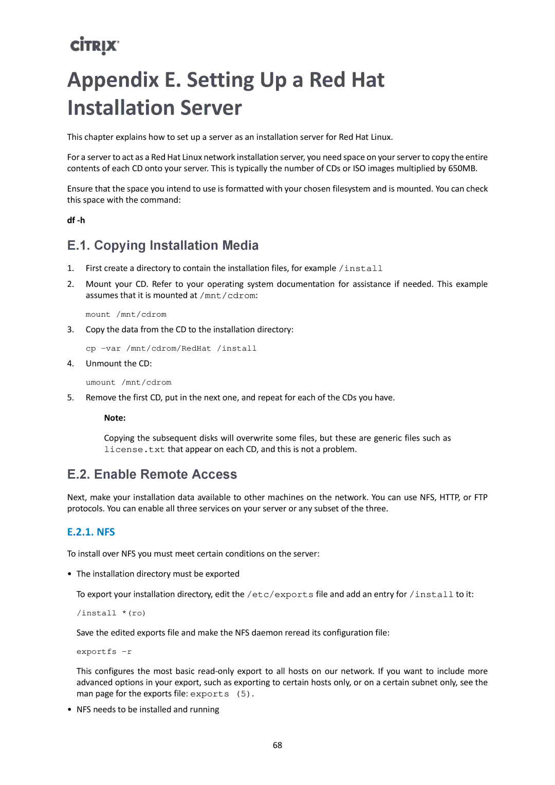 Citrix Systems 6.2.0 manual Appendix E. Setting Up a Red Hat Installation Server, Copying Installation Media, Nfs 