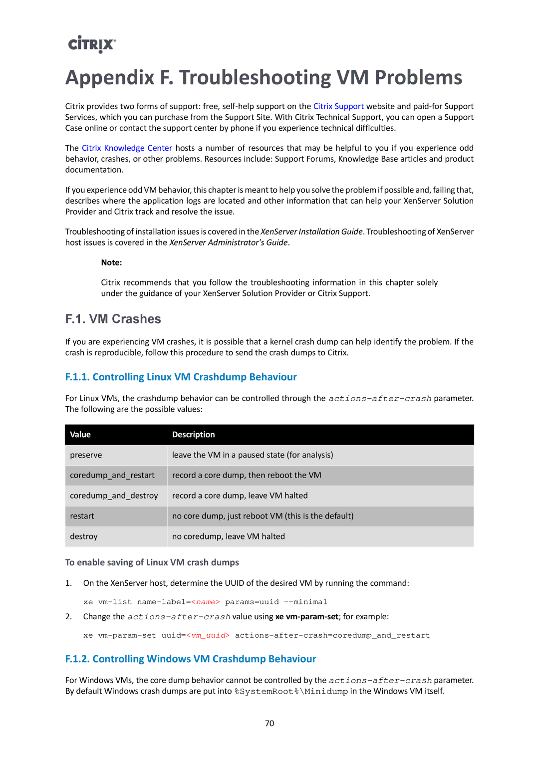 Citrix Systems 6.2.0 manual Appendix F. Troubleshooting VM Problems, VM Crashes, Controlling Linux VM Crashdump Behaviour 