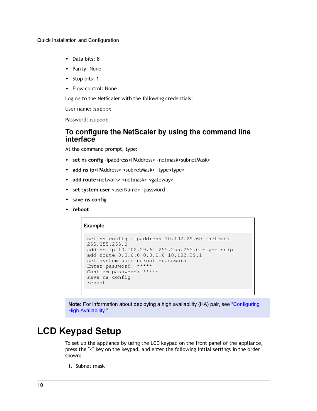 Citrix Systems 8400, 8800, 8600, 8200, 8005, 8015 quick start LCD Keypad Setup, Save ns config Reboot Example 