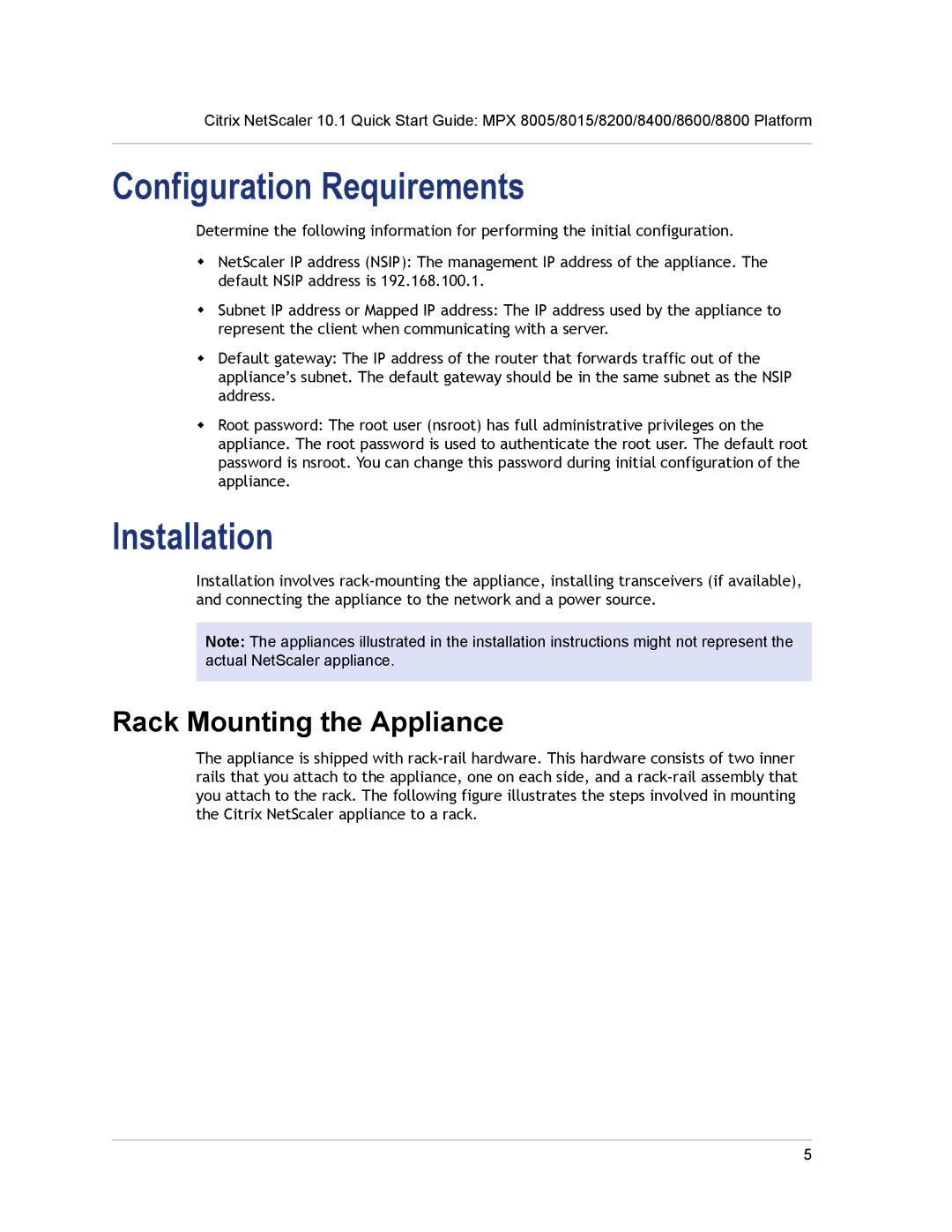 Citrix Systems 8015, 8800, 8600, 8200, 8005, 8400 Configuration Requirements, Installation, Rack Mounting the Appliance 