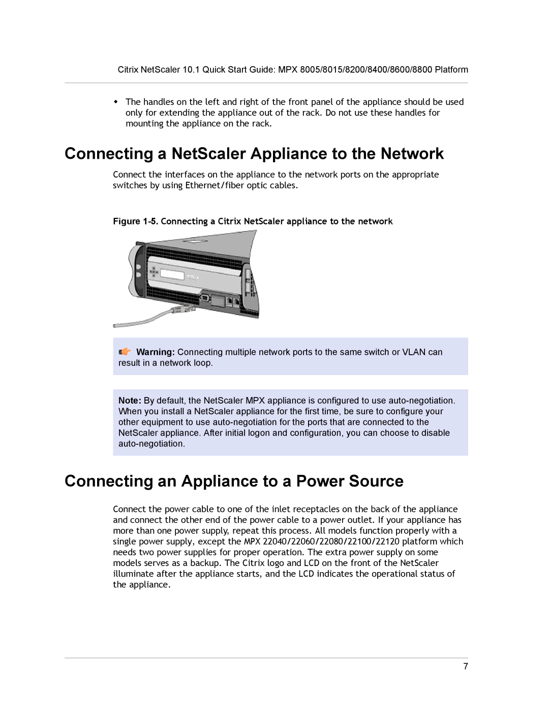 Citrix Systems 8600, 8800, 8200 Connecting a NetScaler Appliance to the Network, Connecting an Appliance to a Power Source 