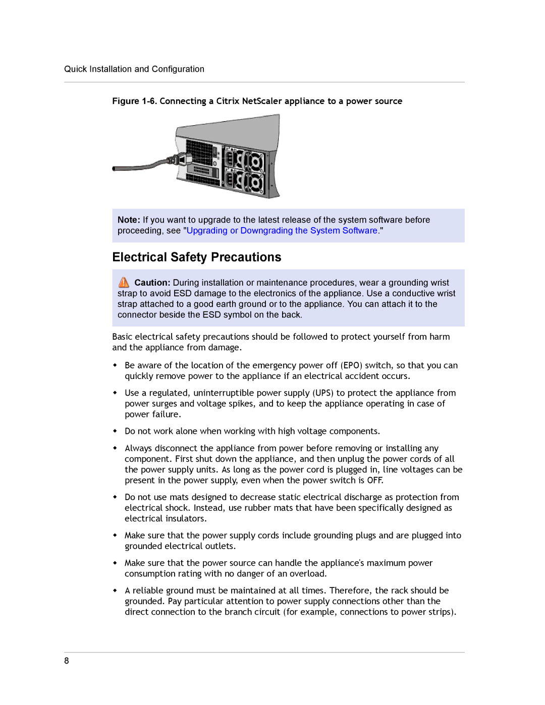 Citrix Systems 8200, 8800, 8600, 8005, 8400, 8015 quick start Electrical Safety Precautions 