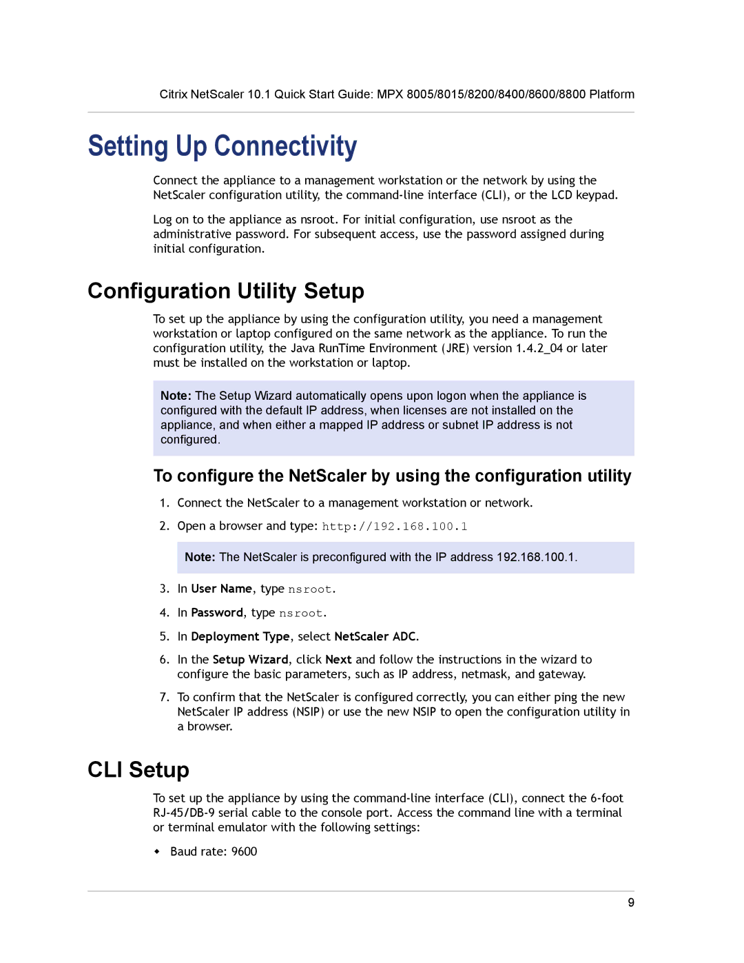 Citrix Systems 8005 Setting Up Connectivity, Configuration Utility Setup, CLI Setup, Deployment Type, select NetScaler ADC 