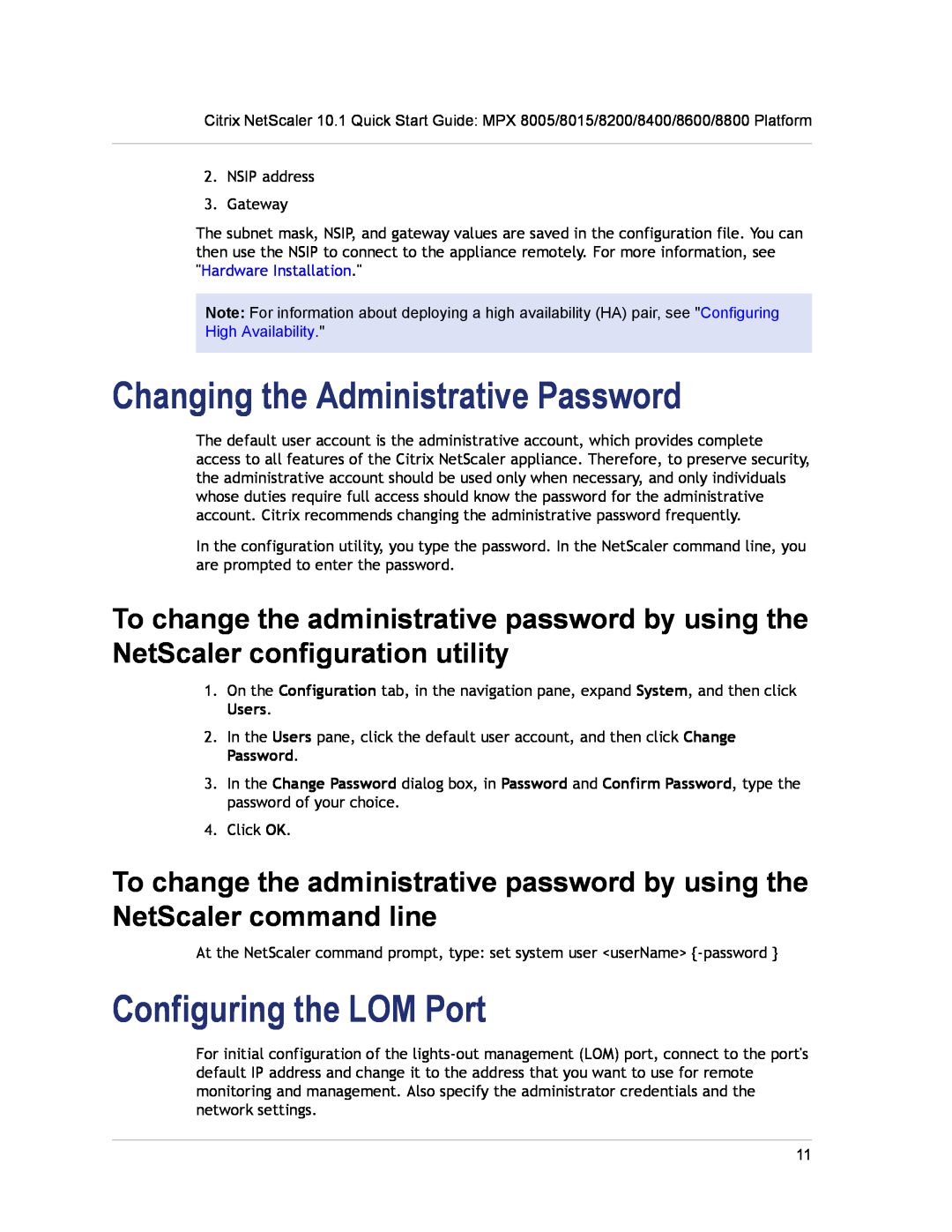 Citrix Systems 8015, 8800, 8600, 8200, 8005, 8400 quick start Changing the Administrative Password, Configuring the LOM Port 