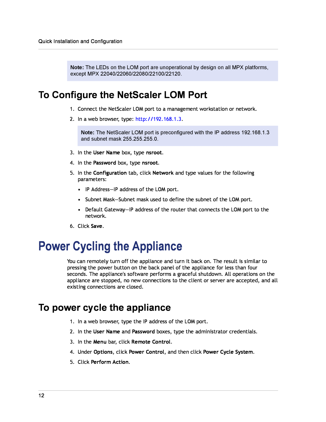 Citrix Systems 8800, 8600 Power Cycling the Appliance, To Configure the NetScaler LOM Port, To power cycle the appliance 
