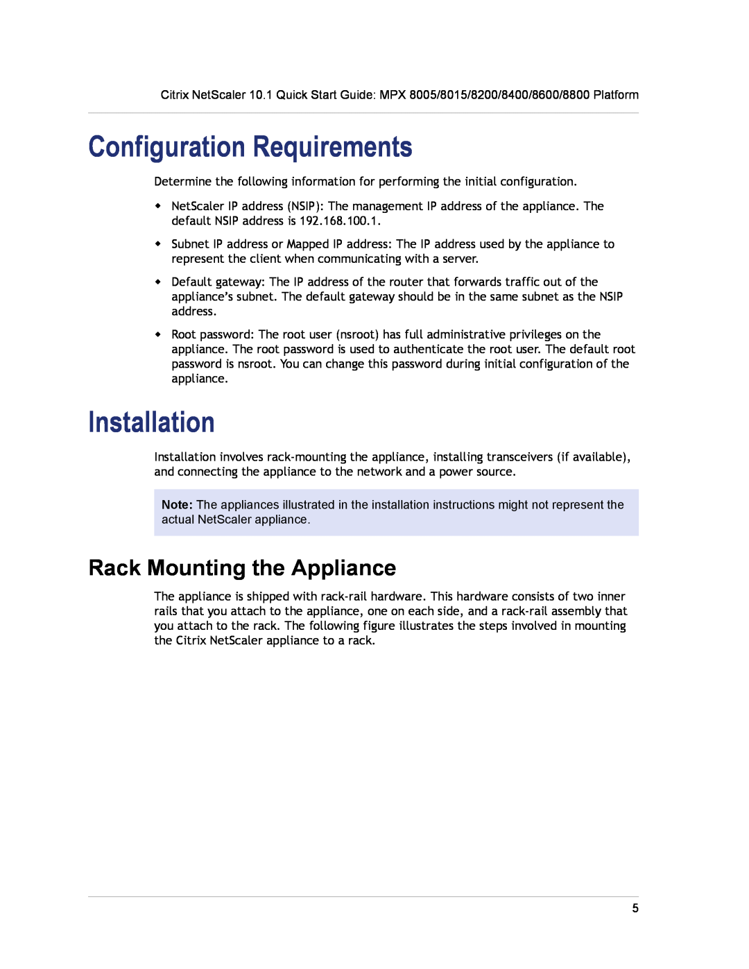 Citrix Systems 8015, 8800, 8600, 8200, 8005, 8400 Configuration Requirements, Installation, Rack Mounting the Appliance 