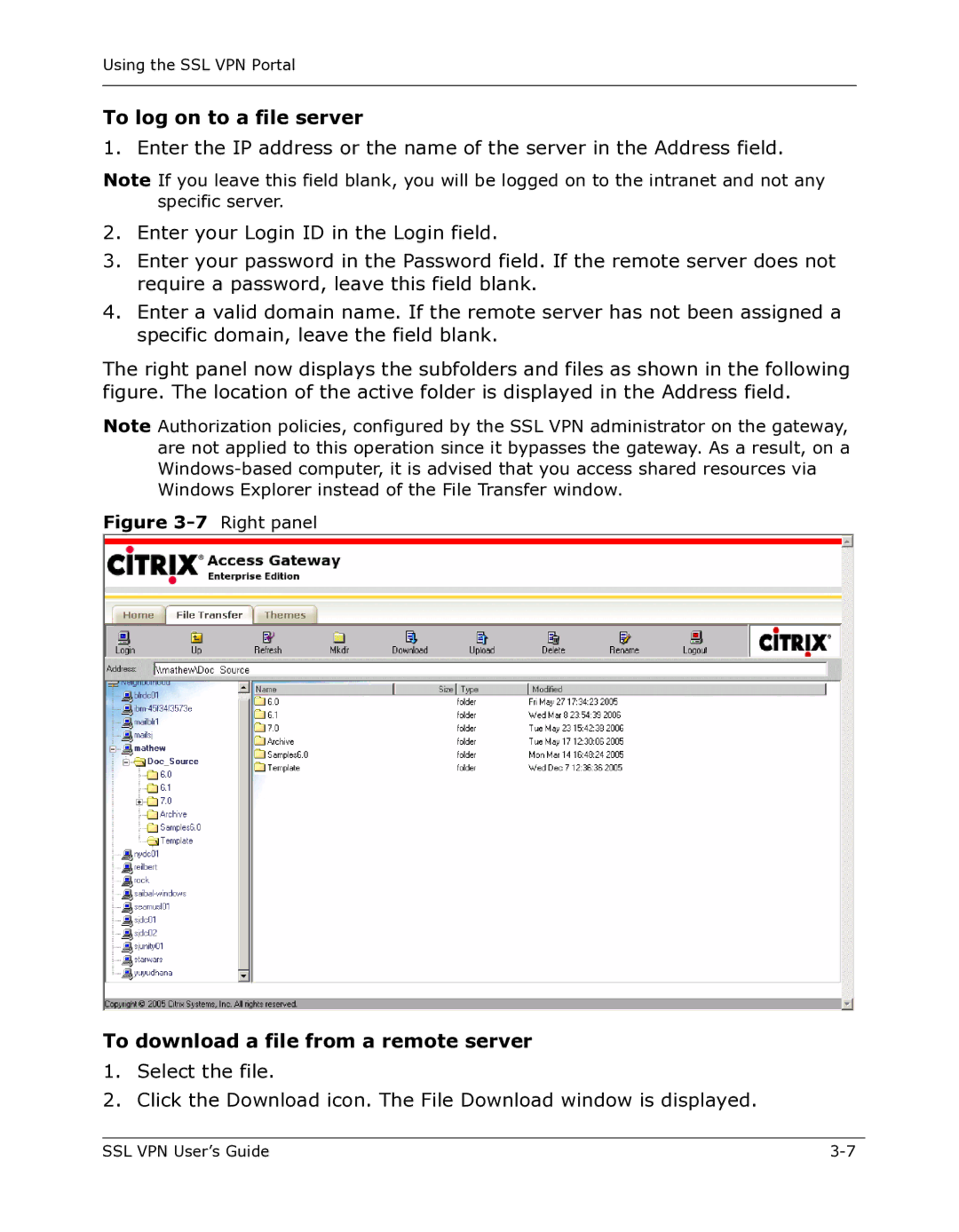 Citrix Systems 9000 Series manual To log on to a file server, Right panel To download a file from a remote server 