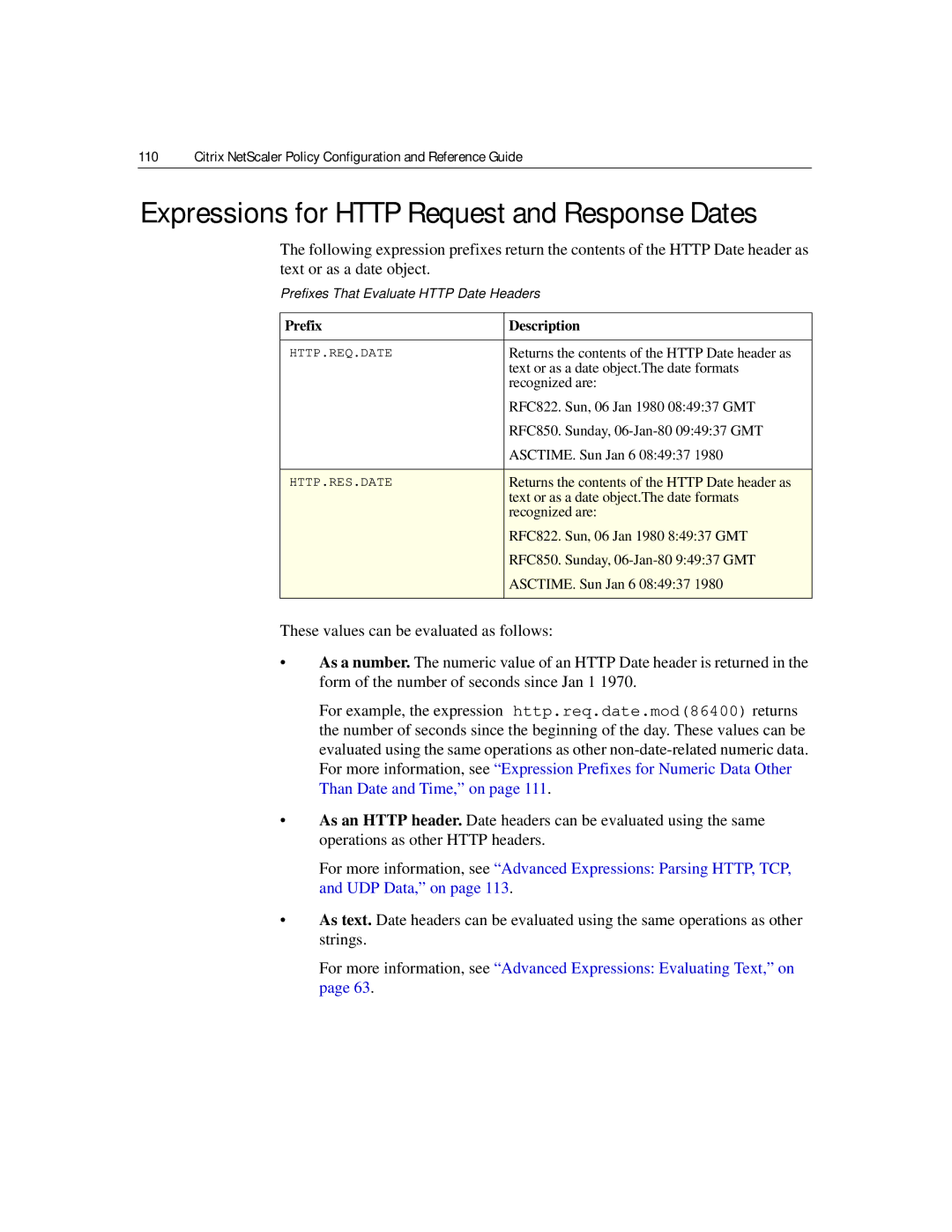 Citrix Systems 9.2 manual Expressions for Http Request and Response Dates, Prefixes That Evaluate Http Date Headers 