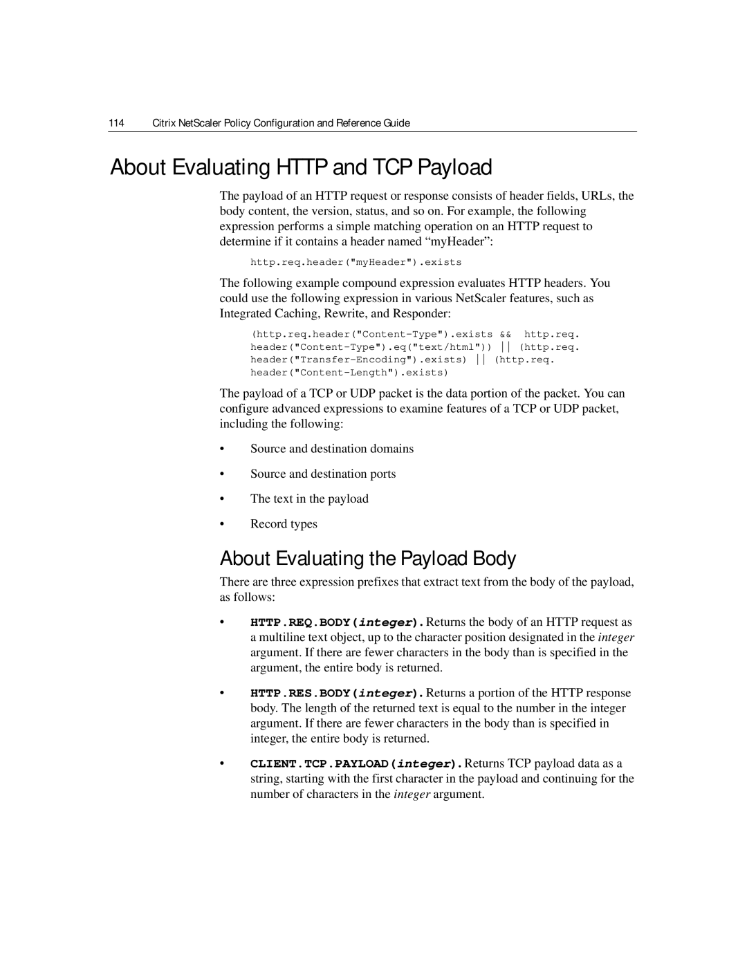 Citrix Systems 9.2 manual About Evaluating Http and TCP Payload, About Evaluating the Payload Body 