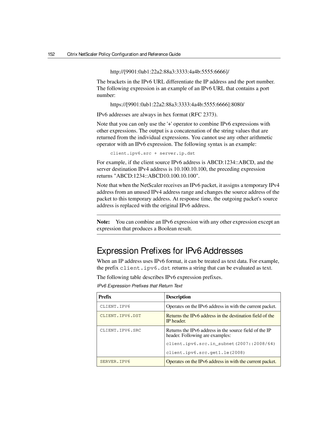 Citrix Systems 9.2 manual Expression Prefixes for IPv6 Addresses, IPv6 Expression Prefixes that Return Text, IP header 