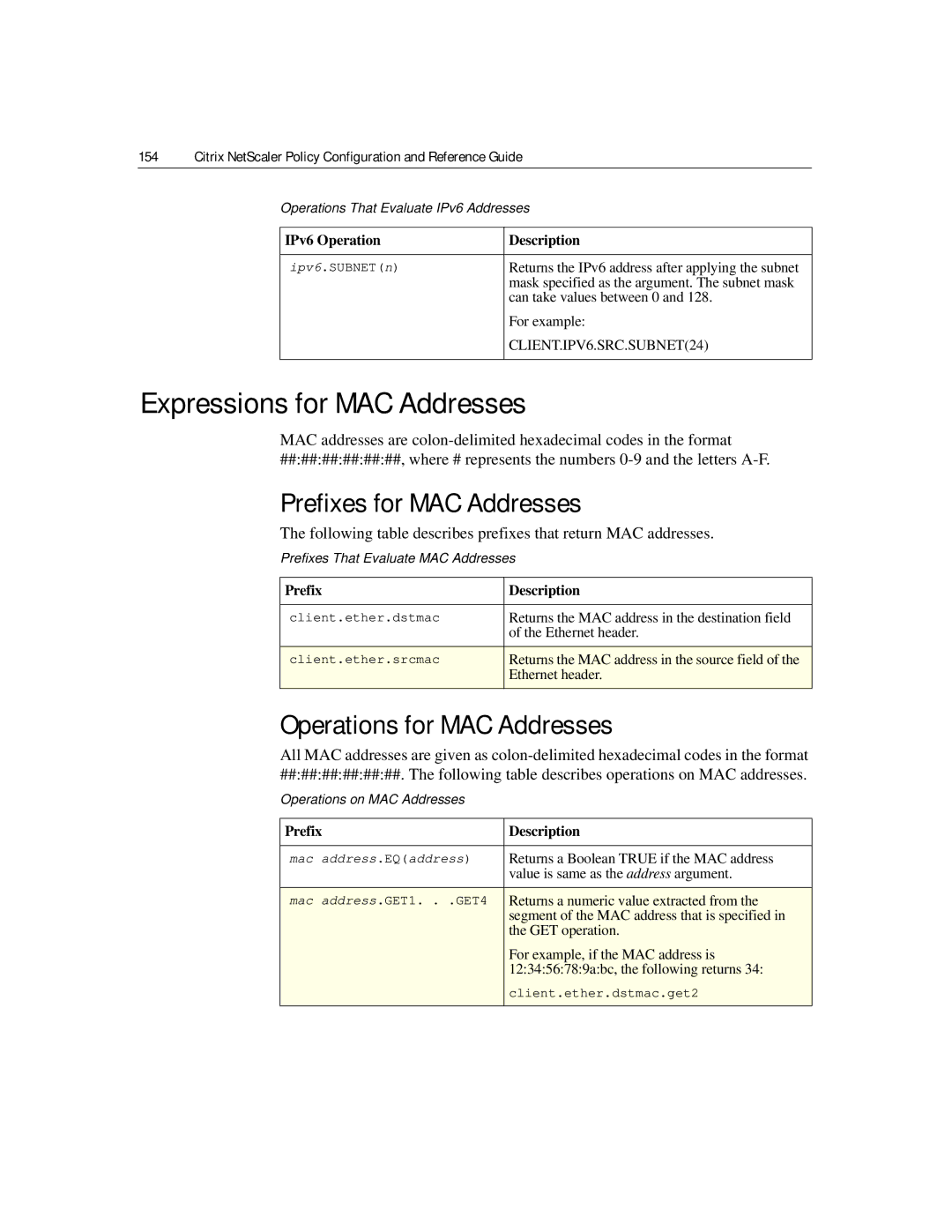 Citrix Systems 9.2 manual Expressions for MAC Addresses, Prefixes for MAC Addresses, Operations for MAC Addresses 