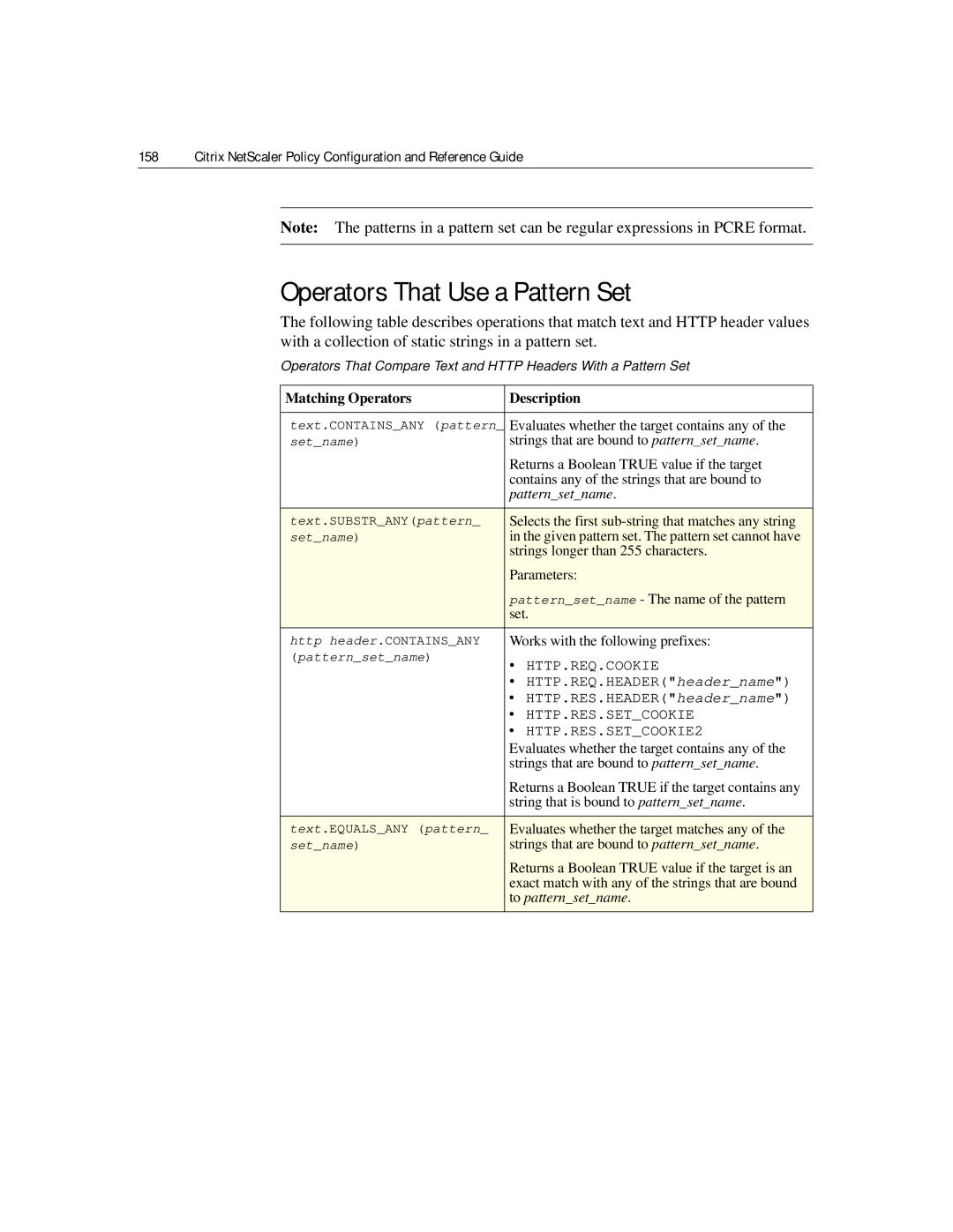 Citrix Systems 9.2 Operators That Use a Pattern Set, Matching Operators Description, Patternsetname, To patternsetname 