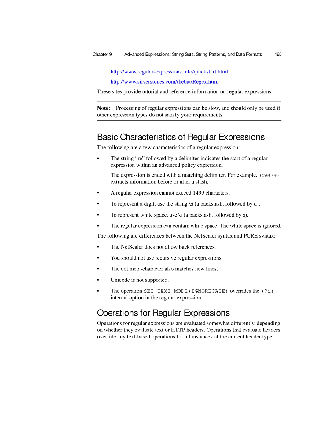 Citrix Systems 9.2 manual Basic Characteristics of Regular Expressions, Operations for Regular Expressions, 165 