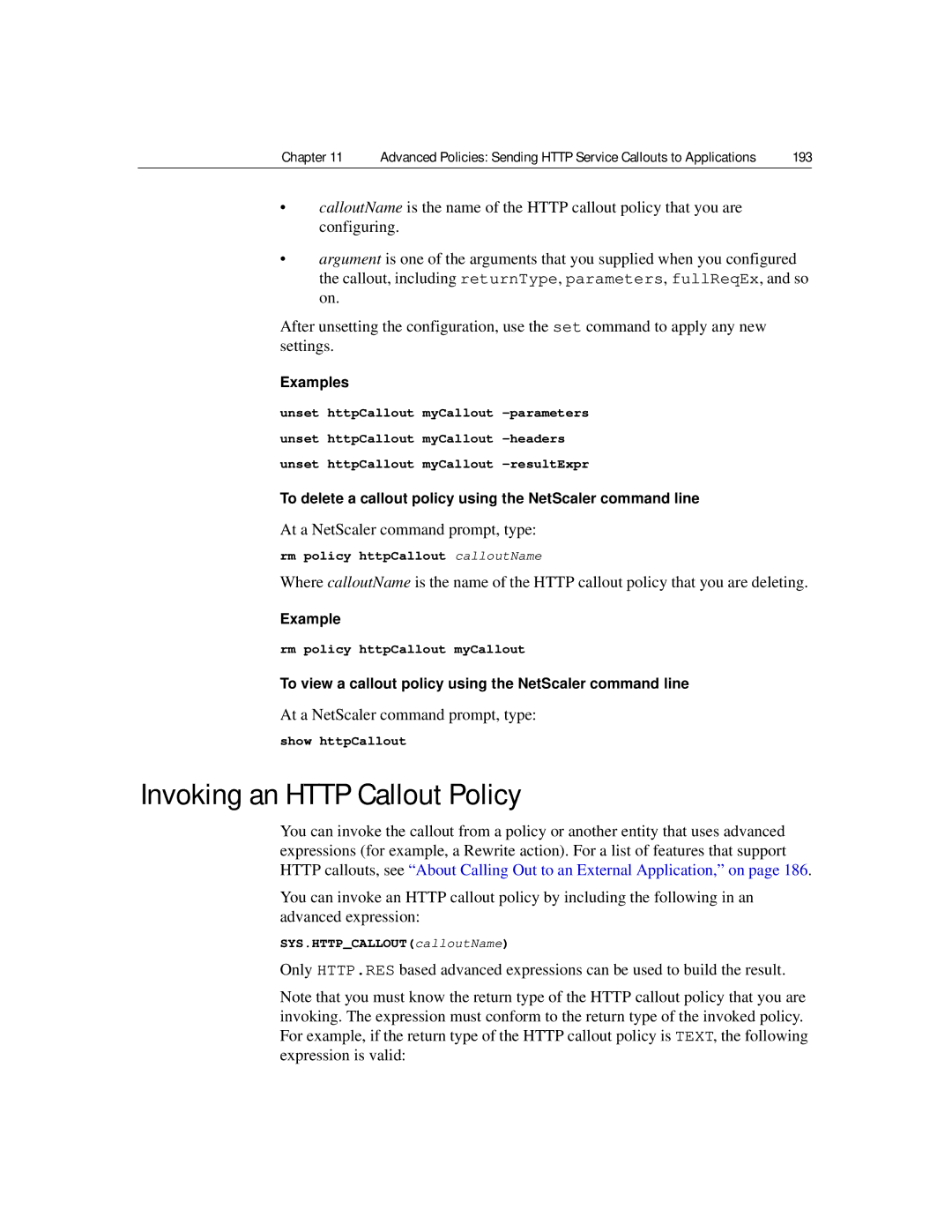 Citrix Systems 9.2 manual Invoking an Http Callout Policy, 193, To delete a callout policy using the NetScaler command line 