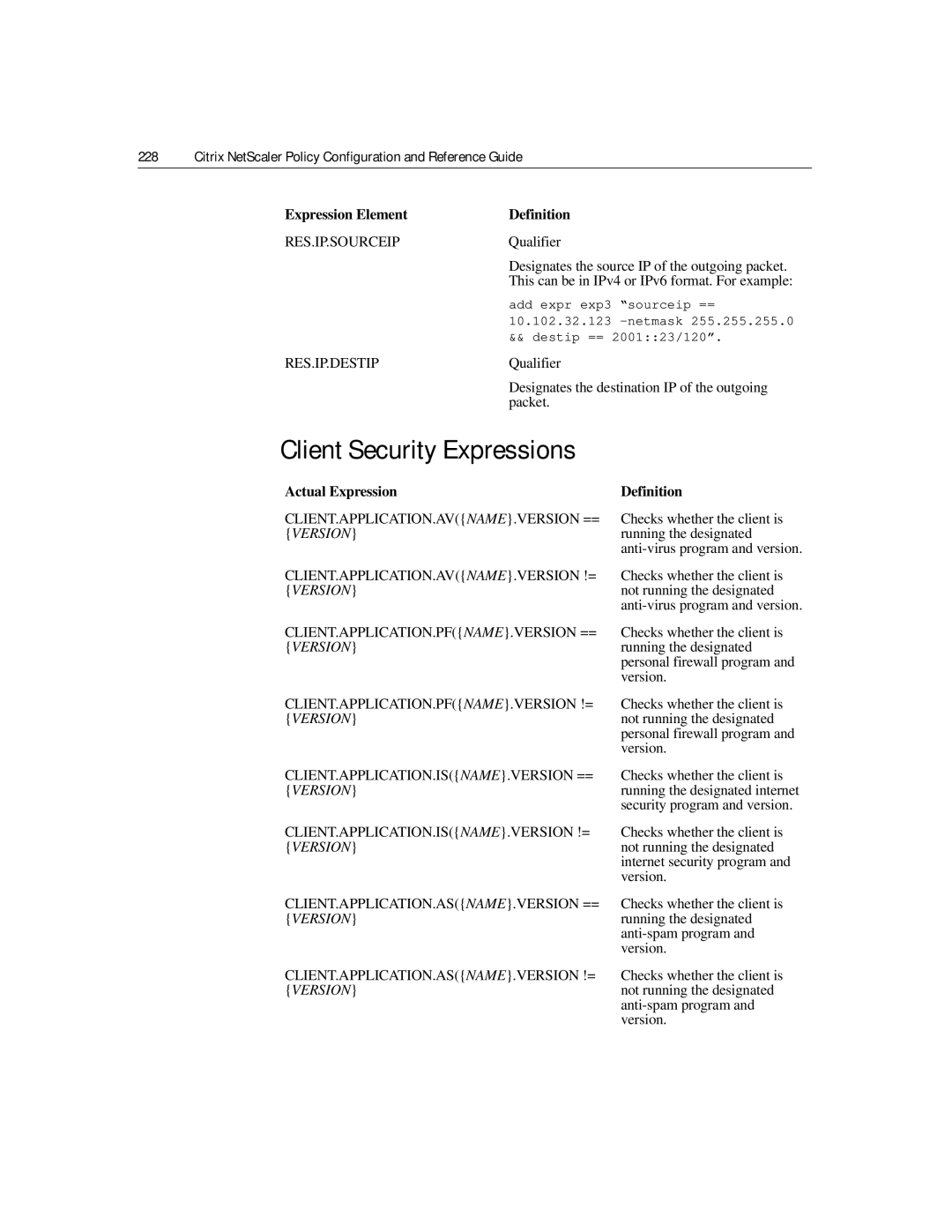 Citrix Systems 9.2 manual Client Security Expressions, Expression Element, Actual Expression Definition 