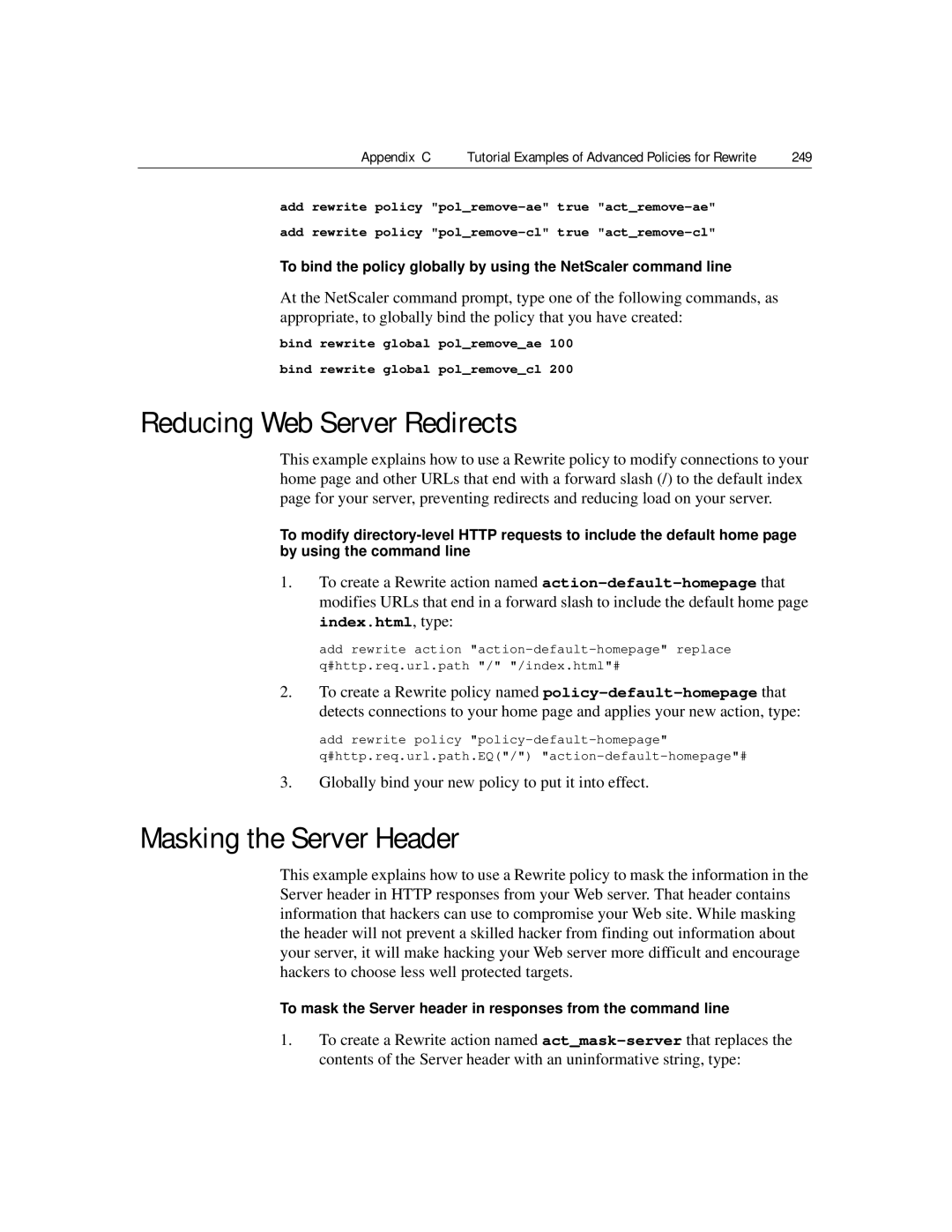 Citrix Systems 9.2 manual Reducing Web Server Redirects, Masking the Server Header, 249 