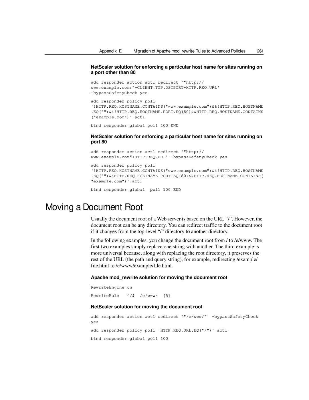 Citrix Systems 9.2 manual Moving a Document Root, Appendix E, 261, Apache modrewrite solution for moving the document root 