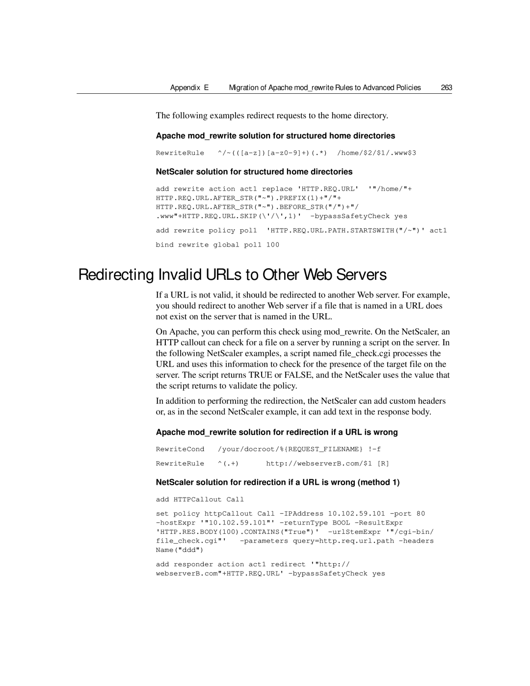 Citrix Systems 9.2 Redirecting Invalid URLs to Other Web Servers, 263, NetScaler solution for structured home directories 